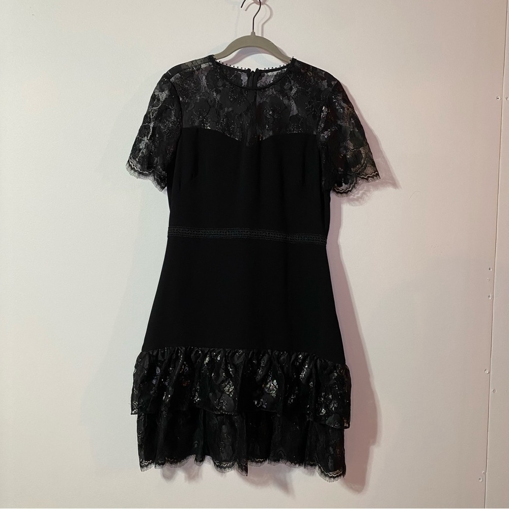 Shoshanna Black Lace Trim Short Sleeve Ruffle Hem Dress Knee Length Dress, Sz 8 - Picture 2 of 14